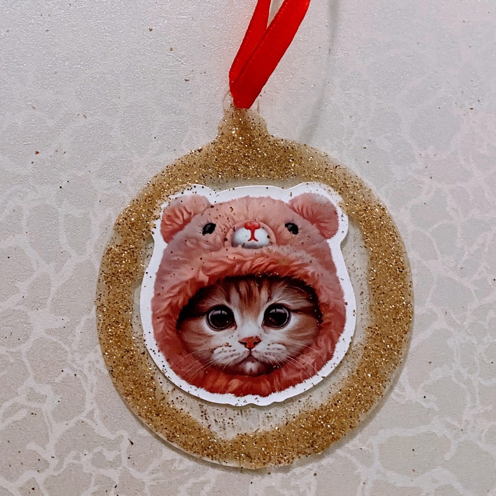 Cute Cat Ornament or car mirror dangle with Red Ribbon